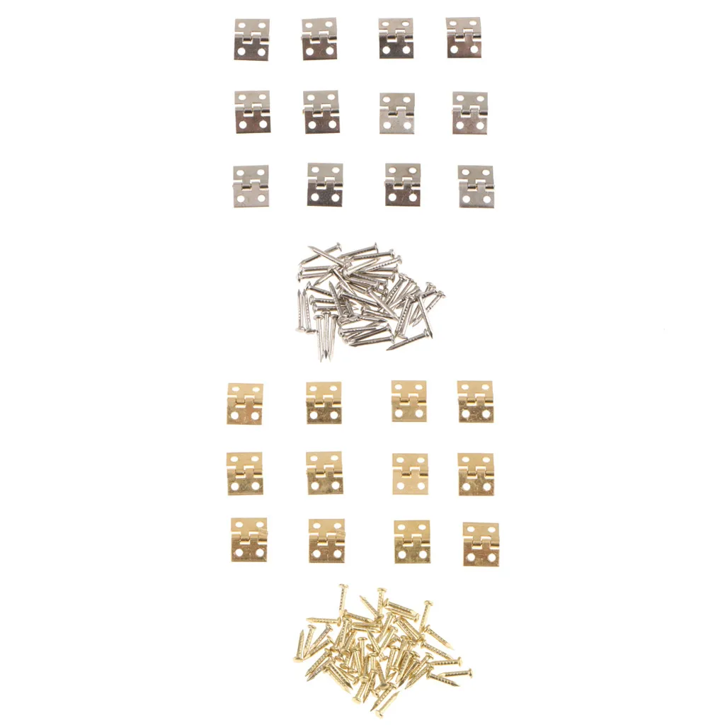 24Pcs Small Mini Metal Hinges Jewellery Box Dollhouse Hinge with Screws 8x10mm Golden and Silver Color