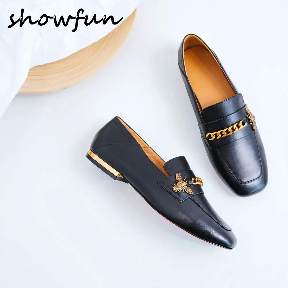 

Women's genuine leather chain bee slip-on flats loafers brand desiger square toe lisure comfort moccasins female footwear shoes