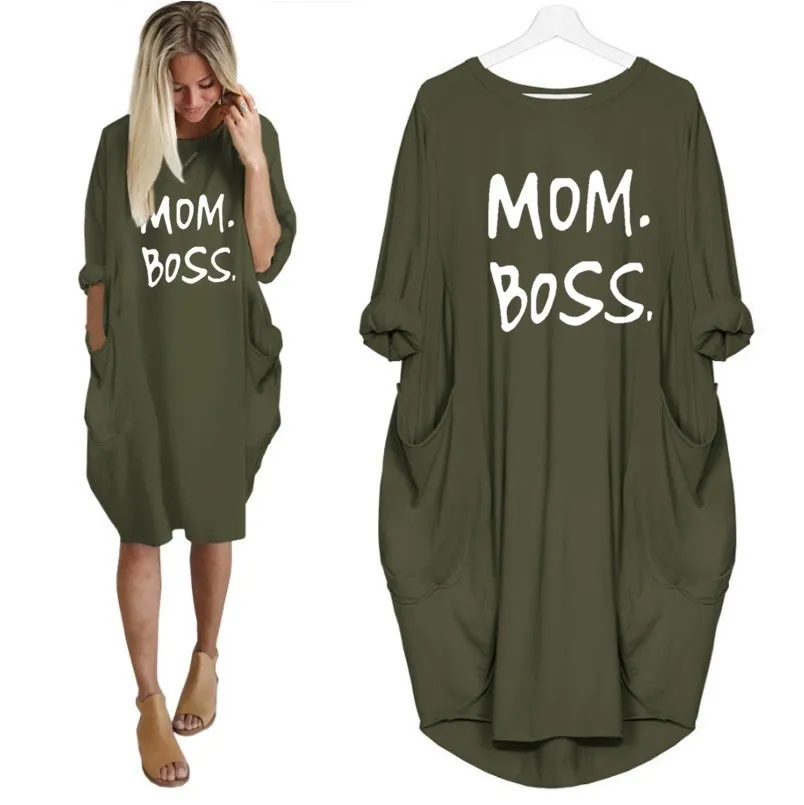 

Pocket Mom Boss Letters Print Dress Dress Clothing Beach Vestidos Vintage Cheap Clothes Casual Fashion 2019 New Woman Dress
