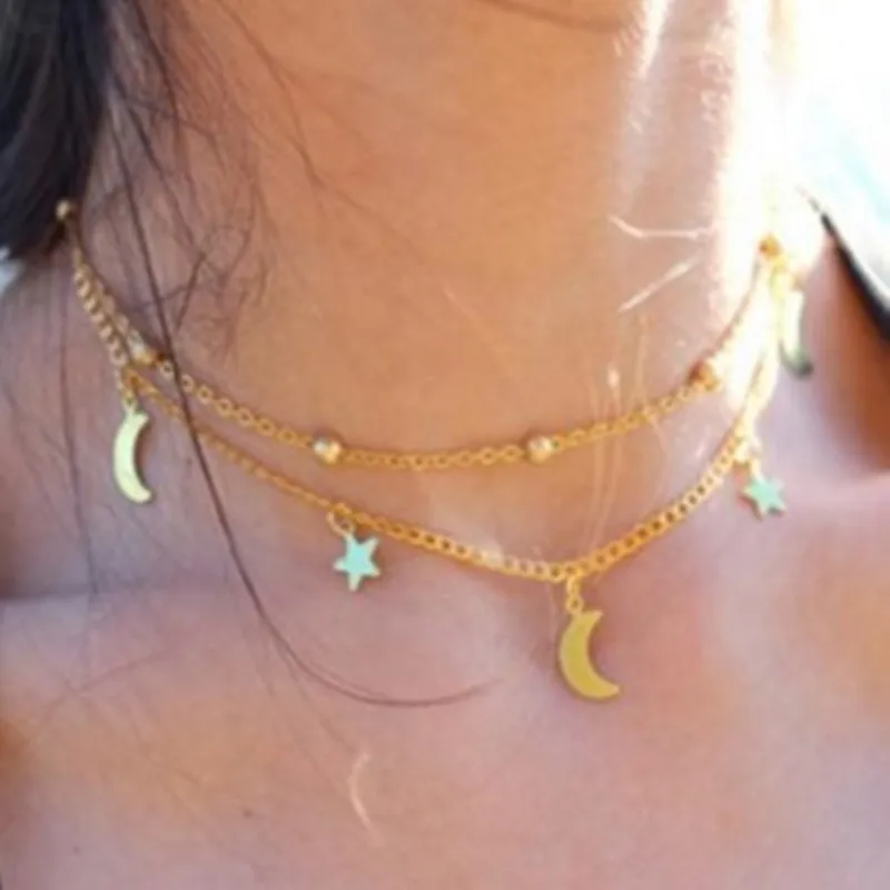 

2017 Korean version of the new fashion simple double-layer moon stars gold silver short necklace ball chain chain