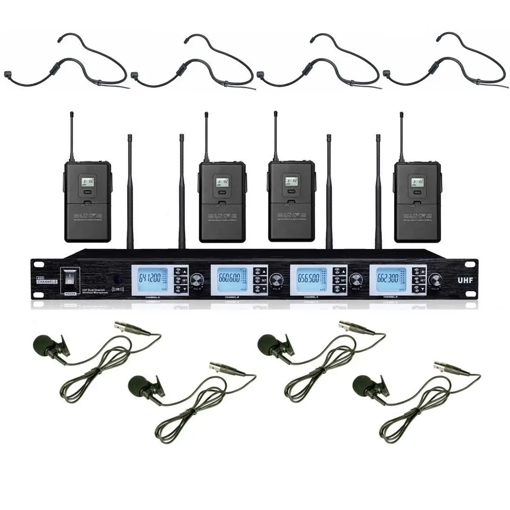 4 lapel 4 headset Bolymic 4 Lavalier Cordless Lapel Microphone System Stage Condenser Mics karoake handheld microphone for School Meeting Church - Цвет: 4 lapel 4 headset