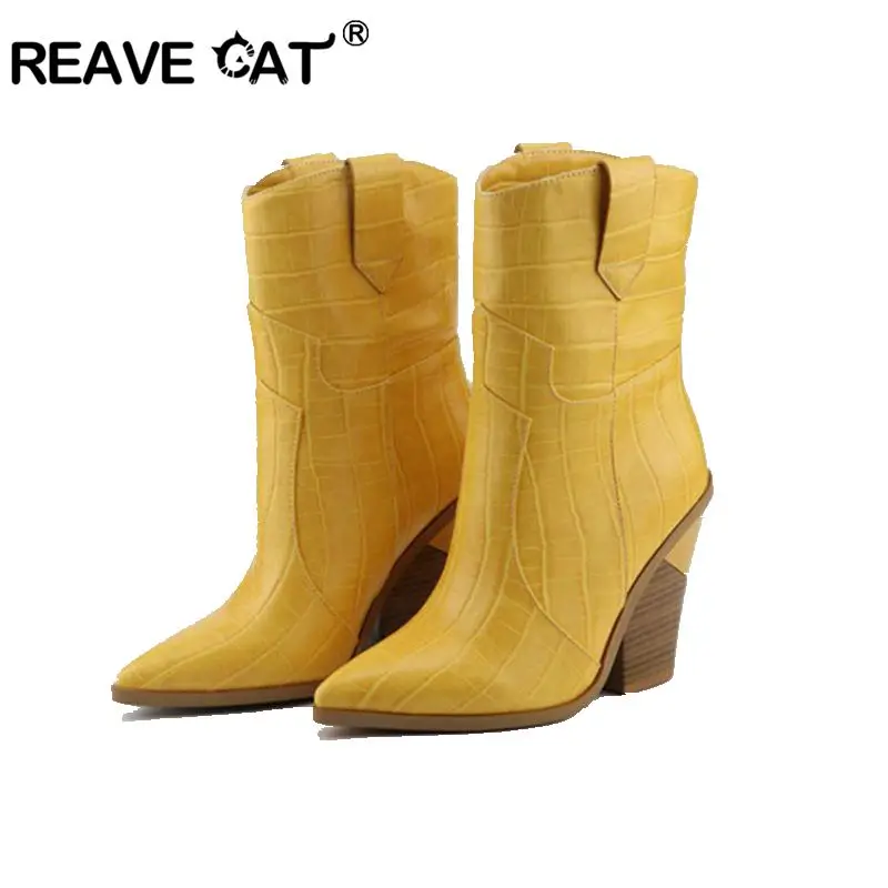 

REAVE CAT 2020 Western boots PU leather Women Chunky boots Pointed toe Cowboy boots Mid-calf high heels runway Big size 46