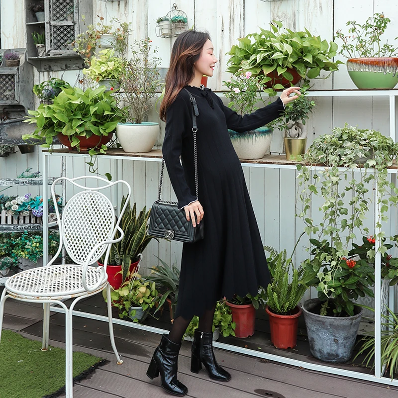 

Fashion Elegant Ruffle Maternity Long Dress Autumn Winter Knitted Sweaters Clothes for Pregnant Women Pregnancy Party Dresses