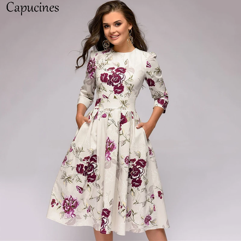 

Capucines 2019 Spring Summer New 3/4 Sleeves Printing Dress Vintage Casual Pockets A-line Women Dress Elegent Party Vestidos