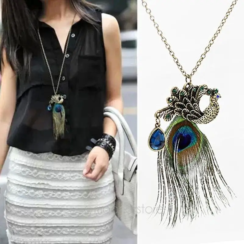 

1 Pcs Hot Sale Rhinestone Peacock Feather Necklace Long Sweater Chain Fashion Women Jewelry