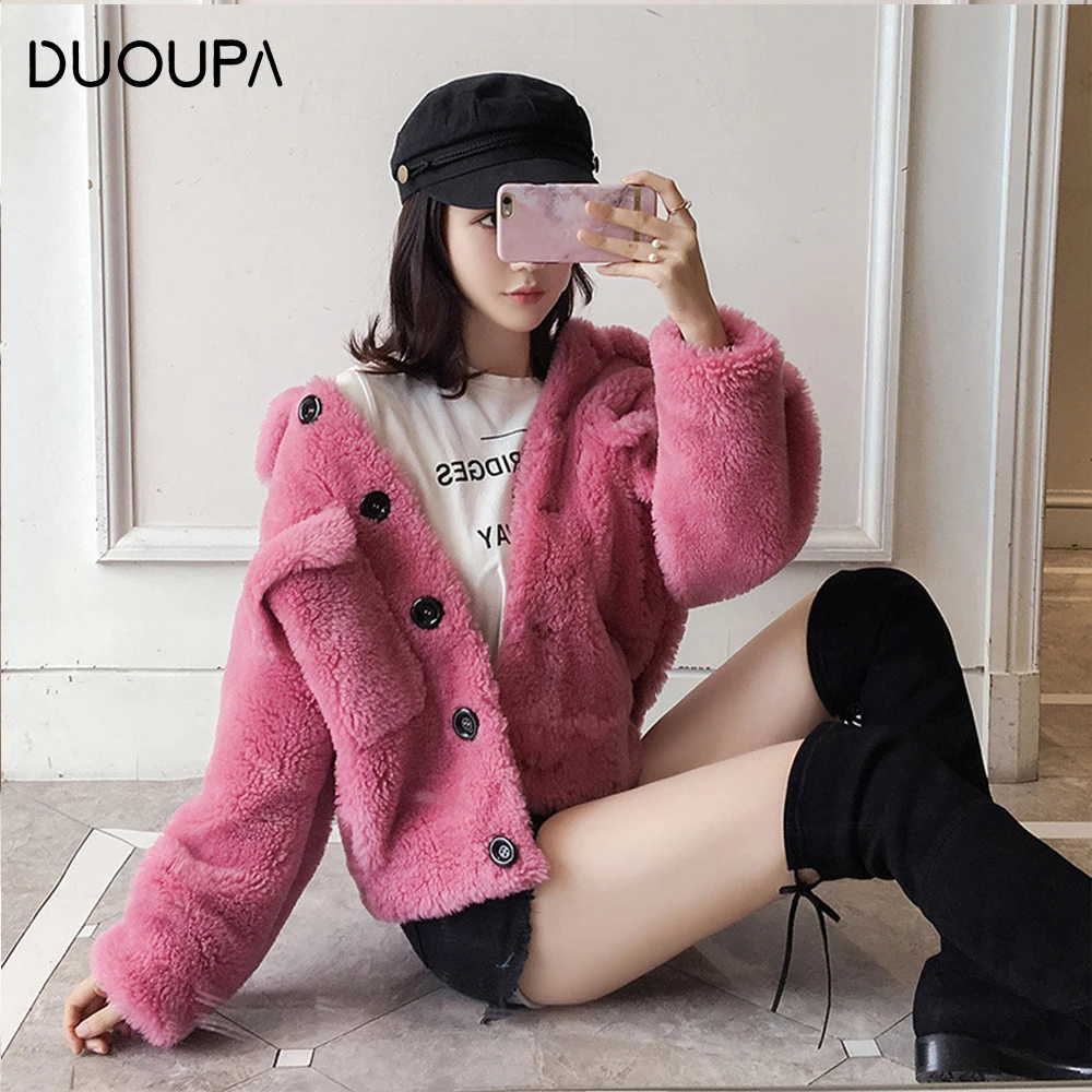 DUOUPA 2019 Lazy New Small Fashion Sheep Sheared Fur Coat Female Short Paragraph Dream Particles Gilded Square Collar Coat
