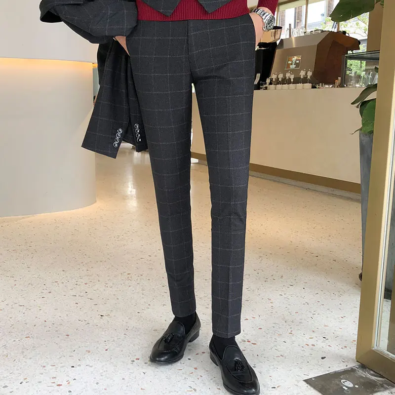 Men's pants/men's high-end cotton plaid slim business suit pants/men's high-end casual skinny pants 14 colors, size S - 5 xl Men's pants/men's high-end cotton plaid slim business suit pants/men's high-end casual skinny pants 14 colors, size S - 5 xl