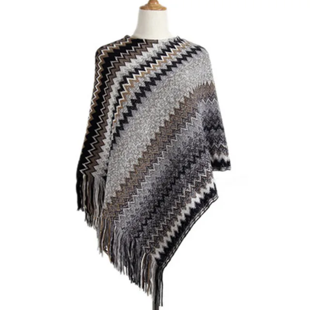 Knitwear Female Irregular Oblique Wave Stripe Tassel Sweater Female Sleeve Loose Casual Cloak Cape Women's Sweater 4