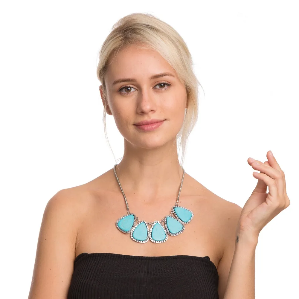 

Vintage Jewelry Tibet Alloy Antique Silver Plated 5 Stone Moveable Exotic Pendant created Imitationturquoise material Necklace