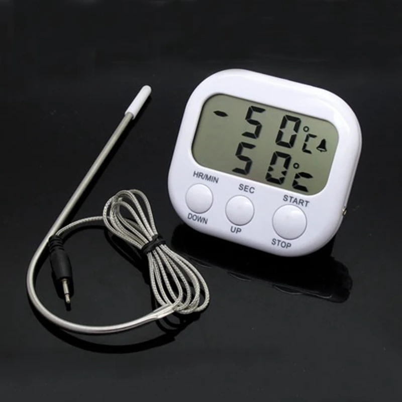 New LCD 50C 300C Food Thermometer Alarm Timing Timer White Digital