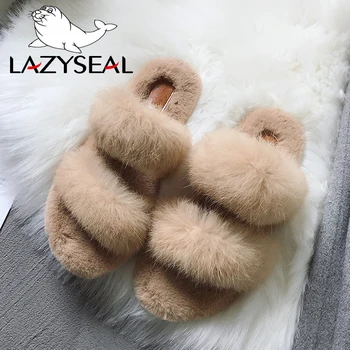 LazySeal Fur Women Slippers Shoes Rabbit Fur Slippers Real Hair Slides Female Furry Indoor Flip Flops Fluffy Plush Shoes House couple slippers fur slides for men women indoor slippers female winter plush insole rubber sole comfort cotton shoes flip flops