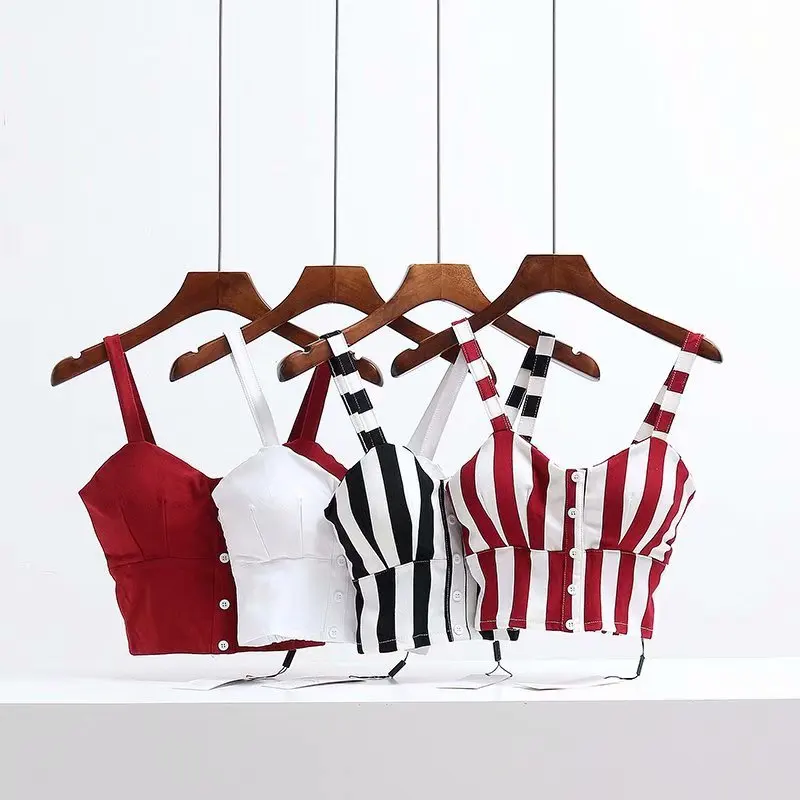

Sexy V-neck Women Crop Tops Solid Color Stripe Ladies Button Short Tops Sleeveless Female Tops Tank High Street Korean Camis