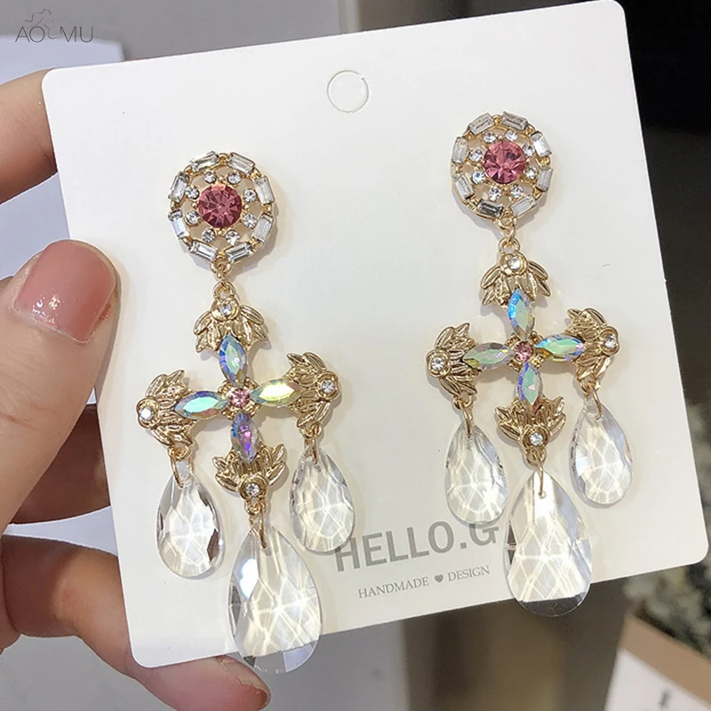 

AOMU S925 Sterling Silver Pin New Rhinestone Water Drop Big Cross Long Tassel Dangle Earring Women Crystal Baroque Party Jewelry