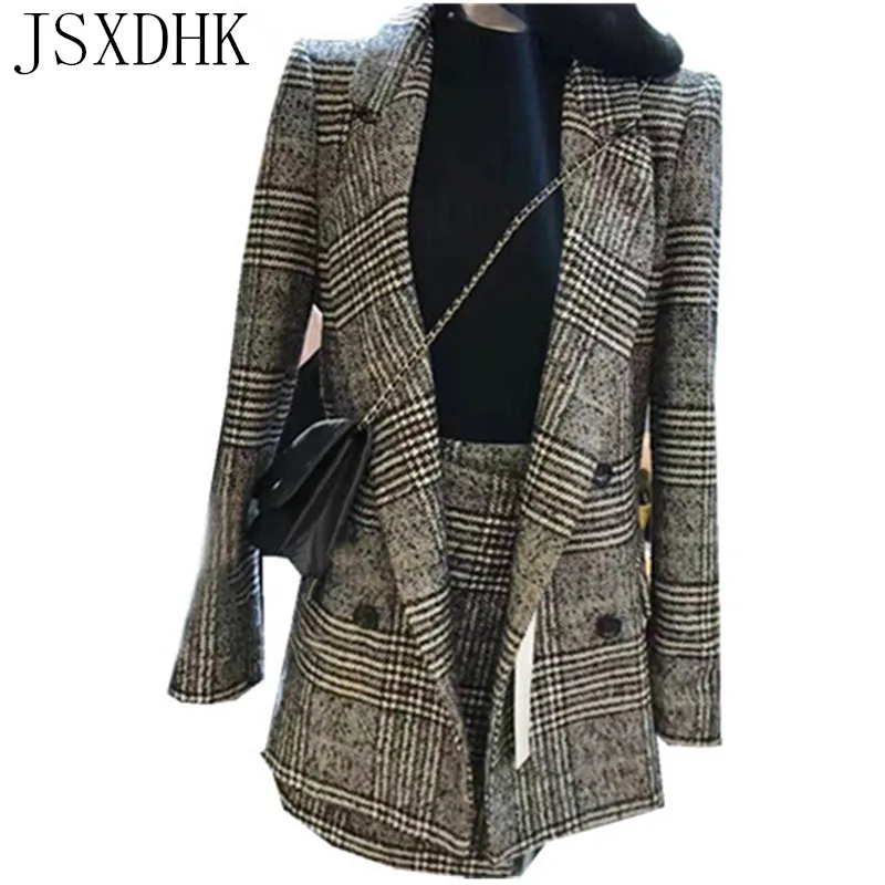 

JSXDHK Winter Women Suits 2019 Office Plaid Tweed Long Sleeve Blazer Outerwear + Fashion Mini Skirt Set 2 Piece Set Vestidos