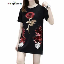 Летняя новинка, длинный рукав, модная футболка с блестками, Лоскутная роза, цветок, свободные женские топы, Элегантные повседневные футболки JT629