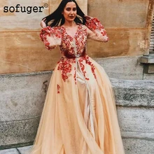 Чемпион с длинным рукавом Вечерние платья Красные Аппликации Саудовская Арабский мусульманский особых случаев халат De Soiree Дубай размера плюс