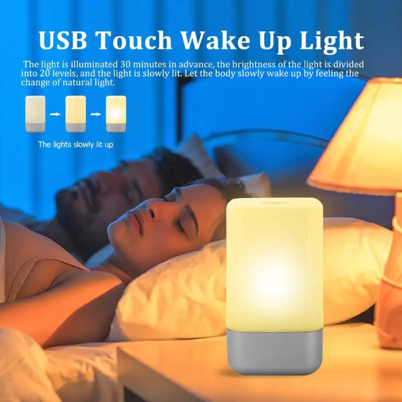 

USB Touch Alarm Clock Wake Up Light Nature Sunrise Simulation Rechargeable LED Digital Alarm Table Clock Night Light
