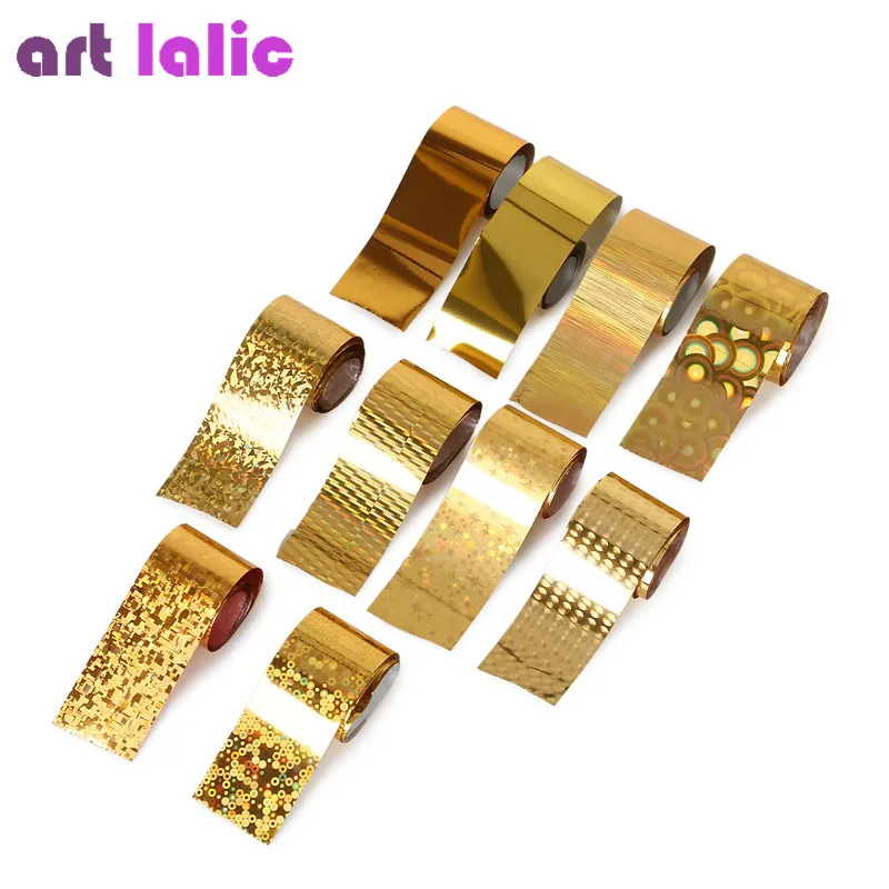 

10 Rolls / Box Holographic Nail Art Foil Set Charm Gradient Gold Transfer Wraps Sticker DIY Manicure Design Decals