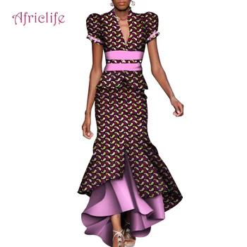 

2020 Women's Dress Two Pieces Set Women Puff Sleeve Crop Tops & Long Maxi Skirt Sets African Mermaid Maxi Clothing 6XL WY4211