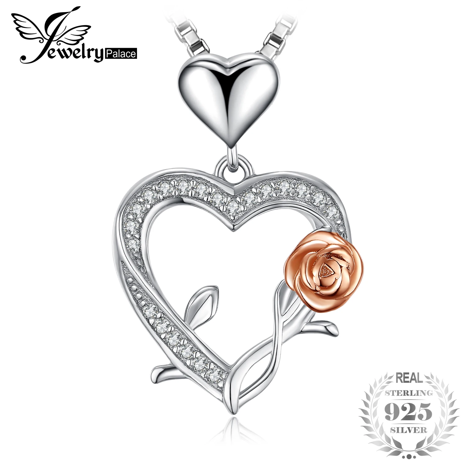 

JewelryPalace Rose Love Heart Cubic Zirconia Pendant Necklace 925 Sterling Silver 45CM 2018 Fashion Women Necklace Women Jewelry