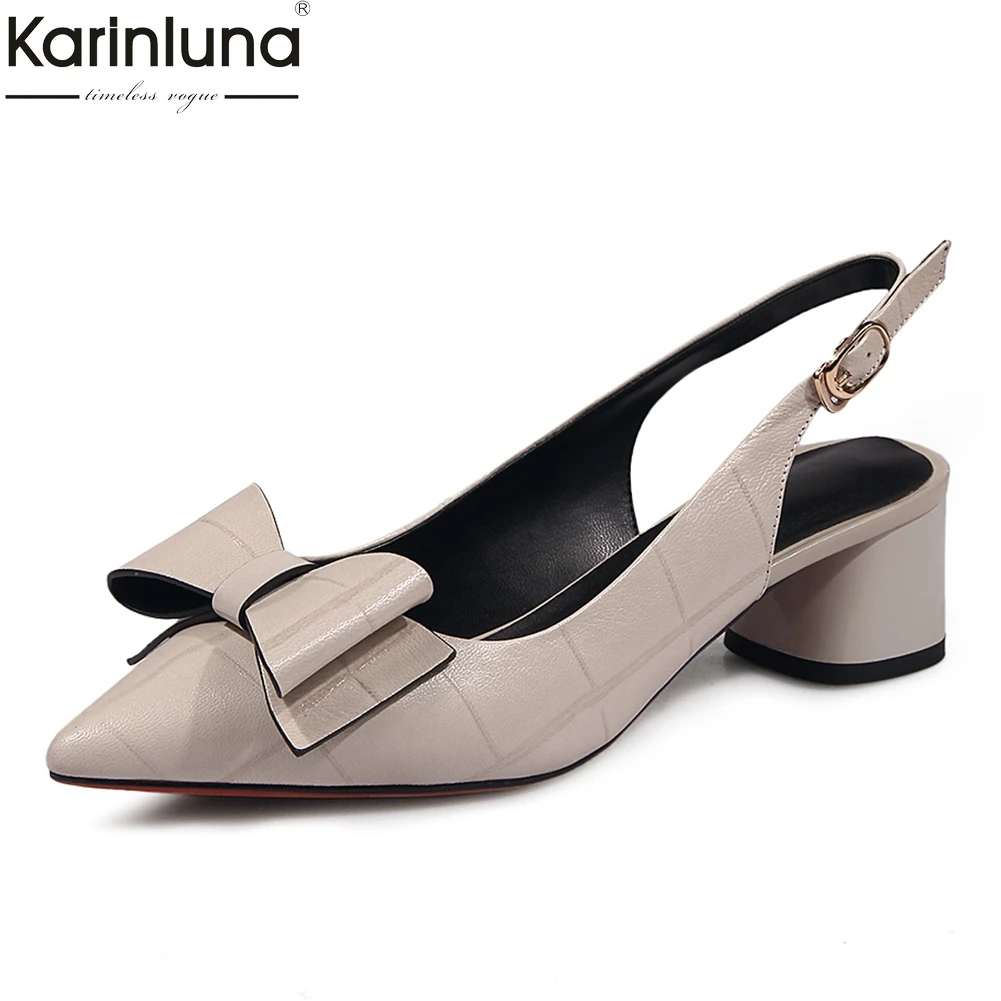

Brand top quality Sheepskin Sweet Bowtie Pumps Woman Shoes Pointed Toe genuine leather Chunky Heels Shoes Woman Pumps Footwear