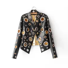 JALABERT 2017 New women leather jacket hollow out golden motorcycle PU coats womens long sleeve short fashion hole jackets