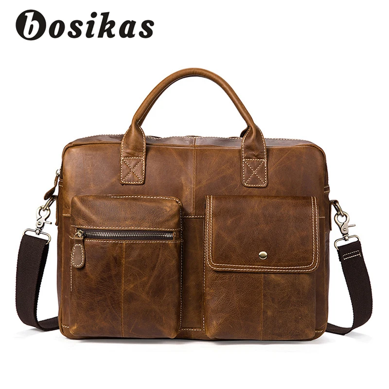 

BOSIKAS Men Briefcase Fashion Briefcases Handbag Men's Bag for Document Leather Zipper Shoulder Genuine Leather Laptop Bag