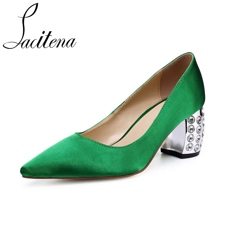 

Green Pink Satin Pointed Toe Shoes Women Crystal Party Shoes High Heel Shoes Square Heel Women Shoes