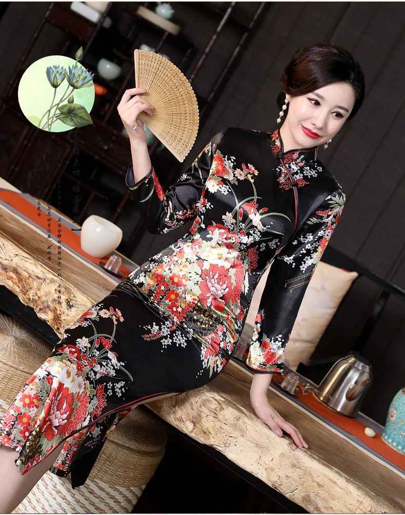 SHENG COCO китайское традиционное платье Cheongsam Qipao с длинным рукавом женское темно-синее длинное вечернее Ципао Drees размера плюс 6XL