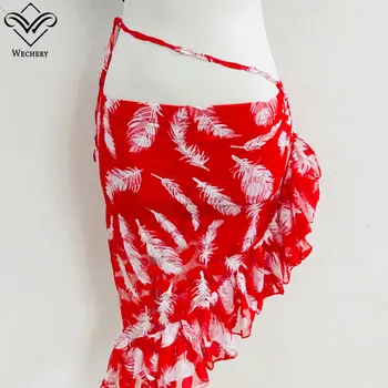 

Wechery Irregular Belly Dance Skirt Women Lady's Floral Dance Costume Sexy Ruffles Cut Out Feather Leaf Printed Clothes