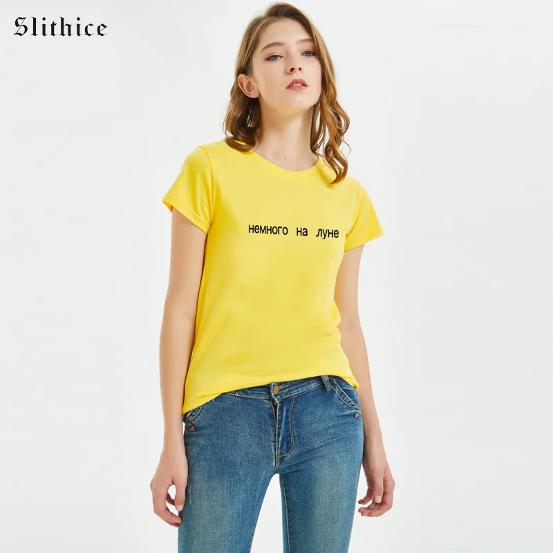 

Slithice Summer New T-shirts Women Russian Inscription Style Letter Print tshirt female tops Short sleeve Casual t-shirt shirt