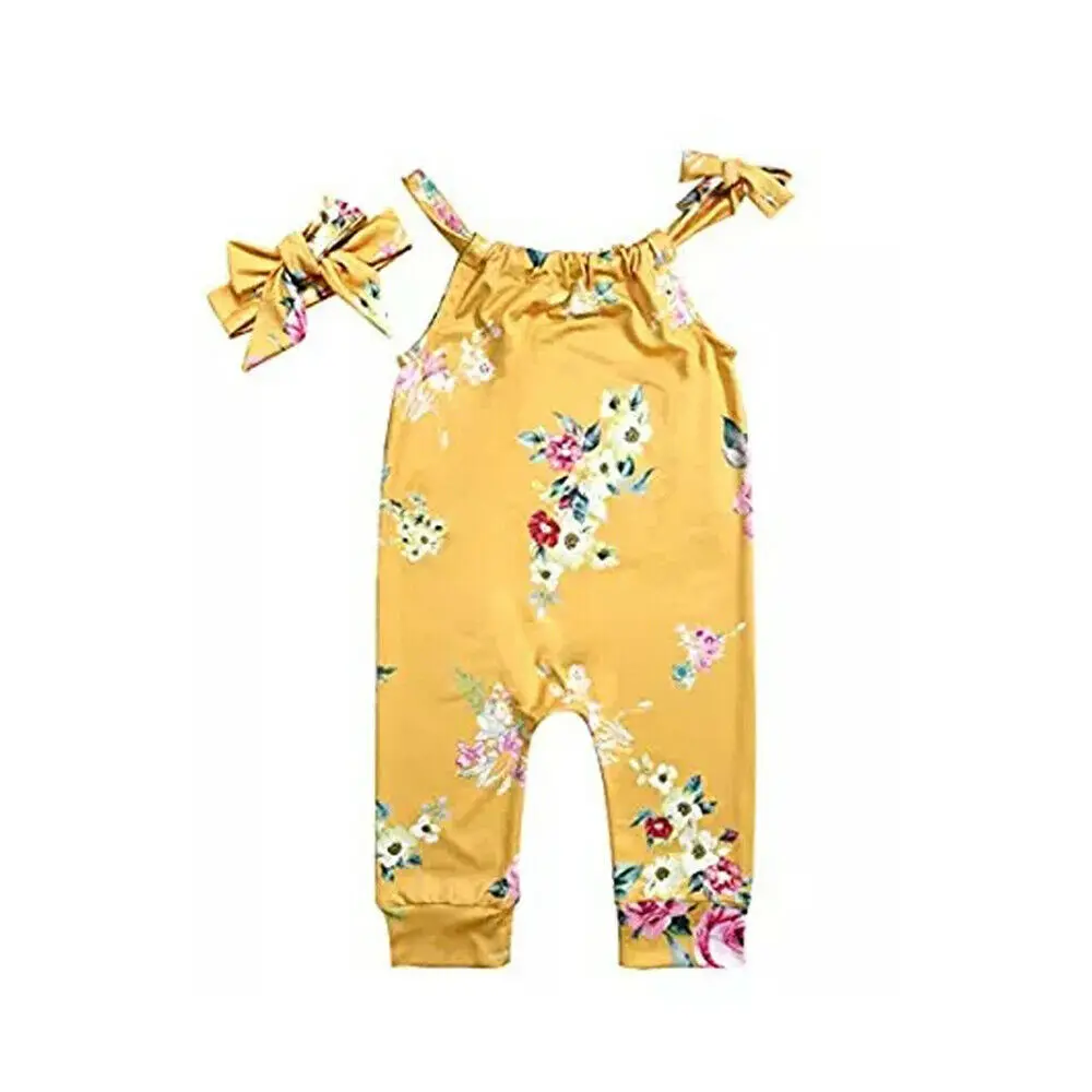 

Toddler Baby Girl Floral Strap Jumpsuit Sleeveless Halter Romper + Bow Headband Summer Outfit Clothes