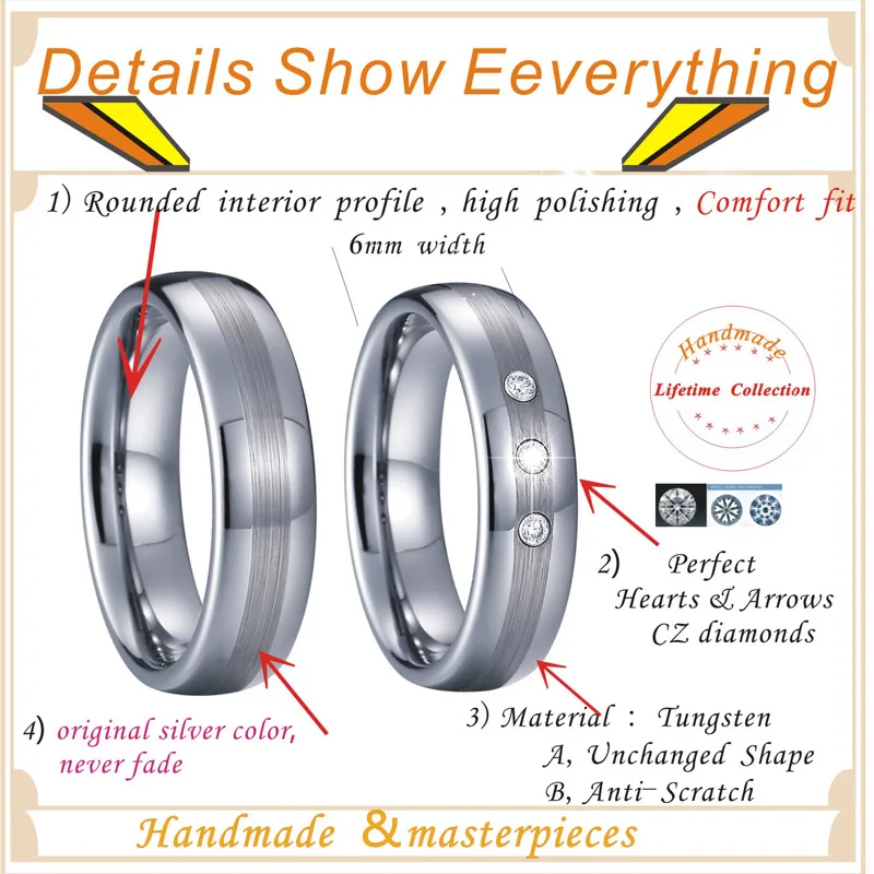 Affordable White Gold Color Tungsten carbide Rings Silver Color Wedding Band Couple Rings For men and women Alliance 6mm (5)