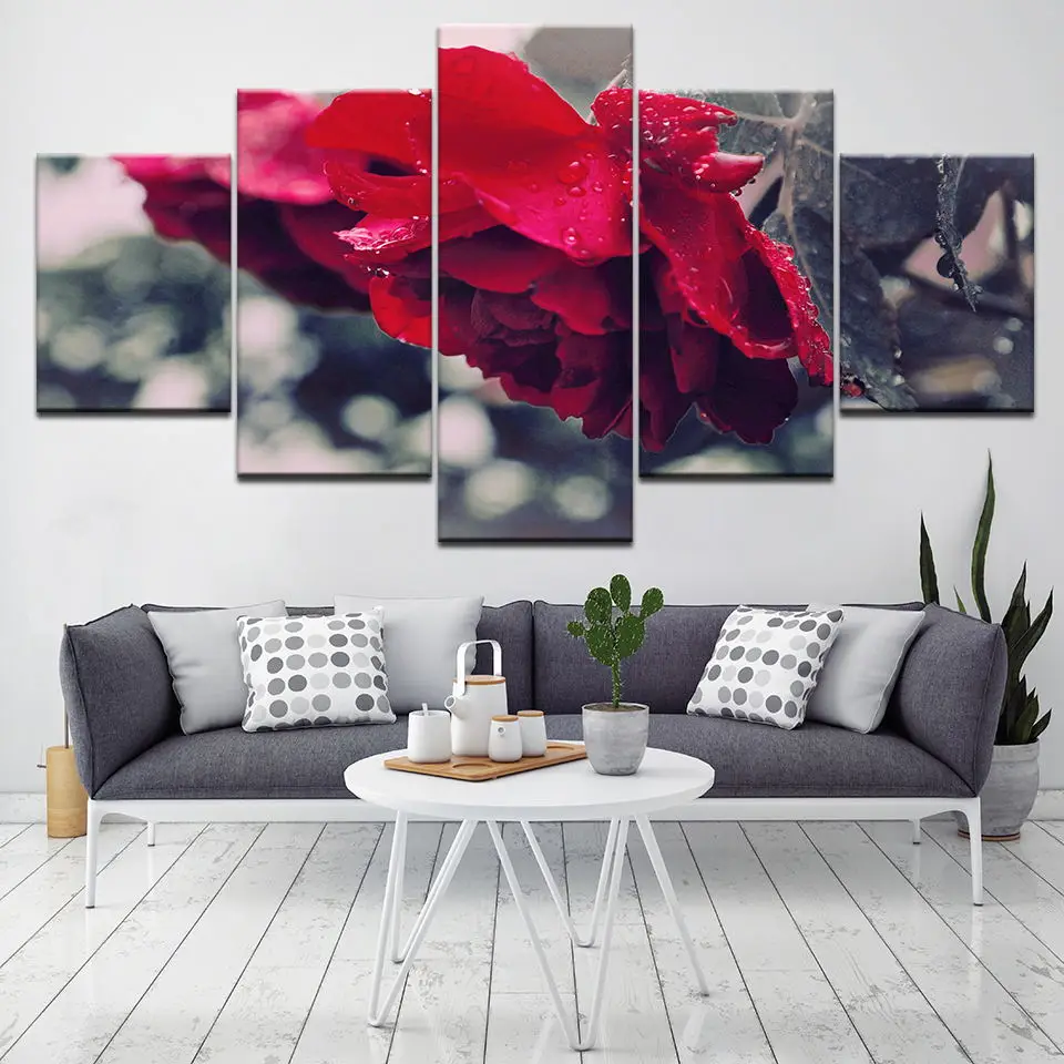 

Decoration Poster Living Room Home Modular Pictures 5 Set Prints Spray Painting Red Rose Flower Modern Style HD Wall Art Canvas