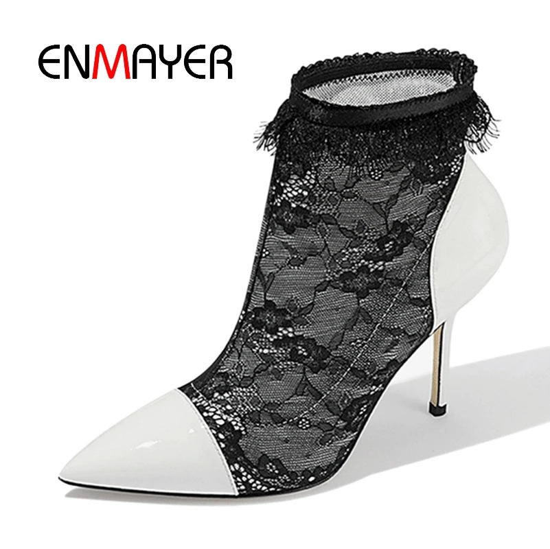 

ENMAYER Women Ankle boots Pointed Toe High heels Short boots Suede Autumn Winter boots Lace Thin heel Zipper Black Shoes CR1354