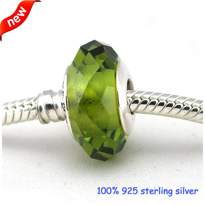 

Fits Pandora Bracelets Abstract Silver Beads with Faceted light green crystal 100% 925 Sterling Silver Charms DIY Wholesale