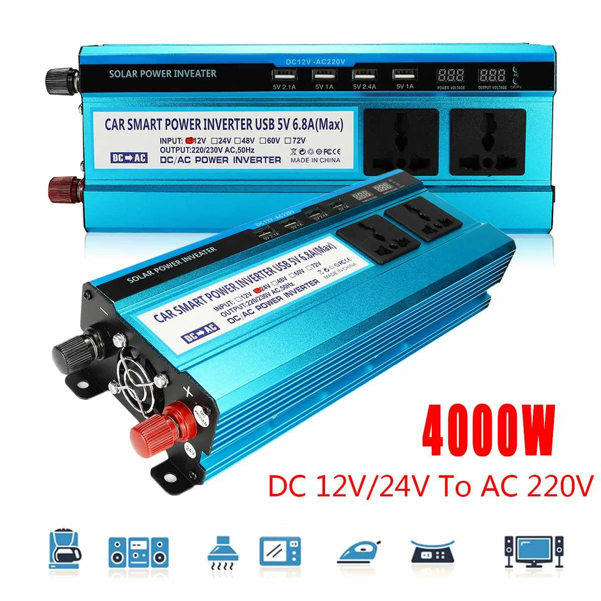 

Portable Car Power Inverter 4000W Car LCD Solar Power Inverter DC 12/ 24V to AC 220V Sine Wave USB Charger Converter Adapter