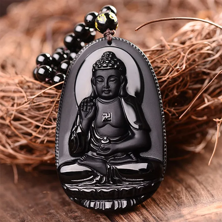Amitabha черный Обсидиан Резной Будда счастливый амулет кулон ожерелье для женщин мужчин Подвески Ювелирные изделия Прямая