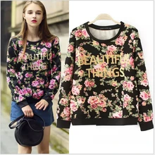 Женские рубашки, Новое поступление, Европейская и американская футболка с цветочным принтом, модные топы с длинными рукавами и круглым вырезом, T3292
