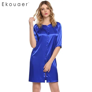 

Ekouaer Nightgown Women Casual Sleepdress O-Neck Medium Sleeve Solid Sleepwear Summer Button Satin Loose Nightwear Home Dress