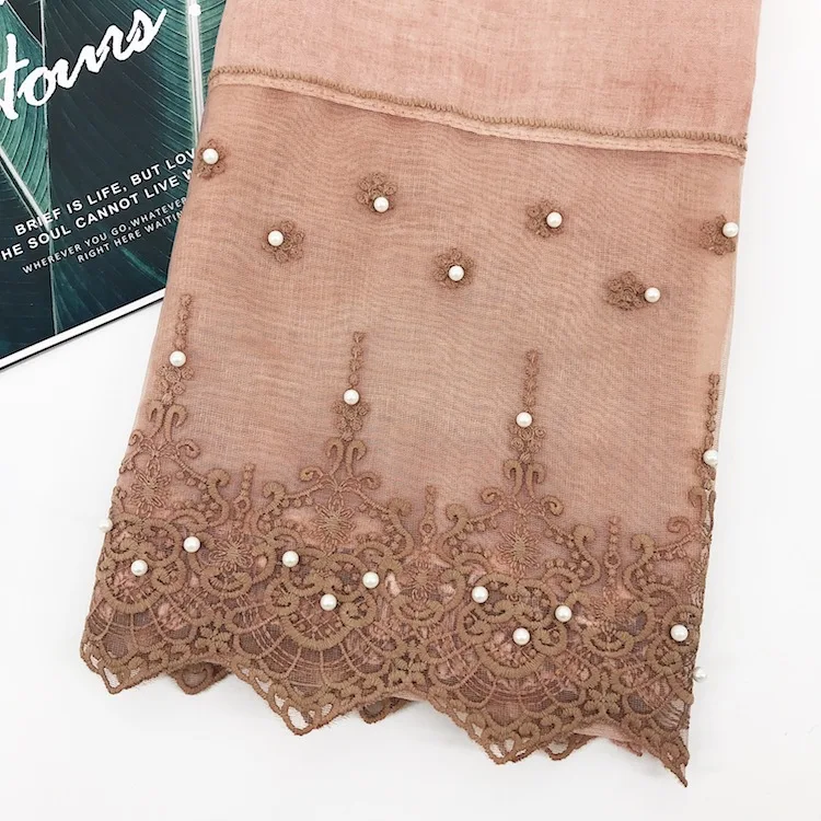 Beautiful Lace Floral Scarf Plain Color Islamic Hijabs Turban Solid Wraps Beads Long Shawl Muslim Women's Headscarf 180x90cm