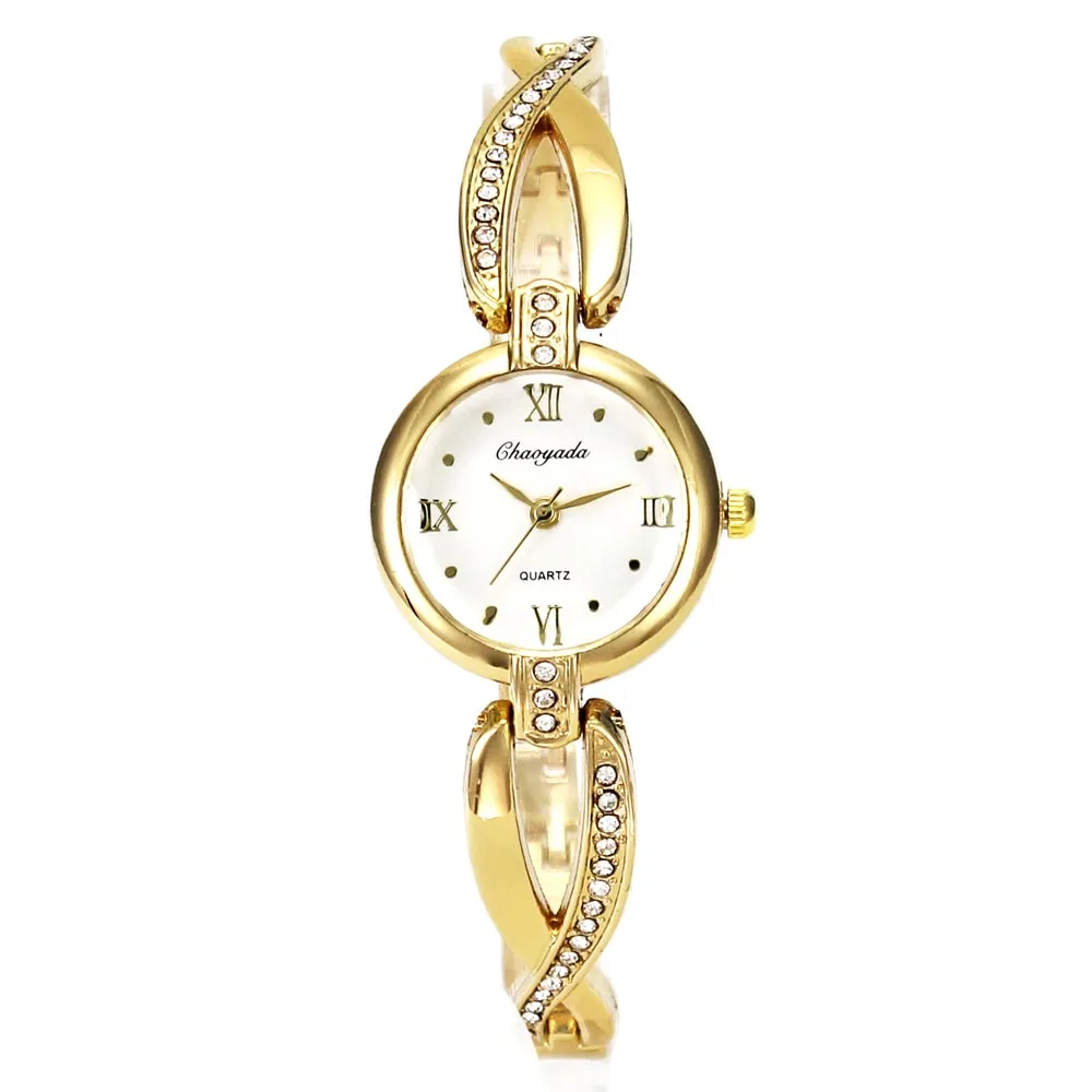 

Luxury Women Stylish Designer Rose Gold Cuff Bracelet Wristwatch Crystal Charms Hollow Chain Chronograph Quartz Wrist Watch