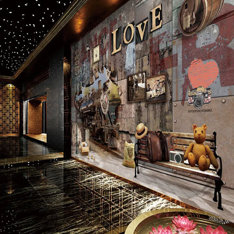 

Custom 3D Print Fabric Textile Wallcoverings For Walls Cloth Murals Matt Silk Bar Commerce Living Room Washable Vintage Train