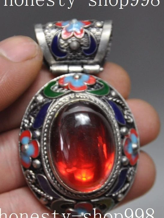 

collect tibet silver Cloisonne enamel Mosaic red Zircon amulet pendant