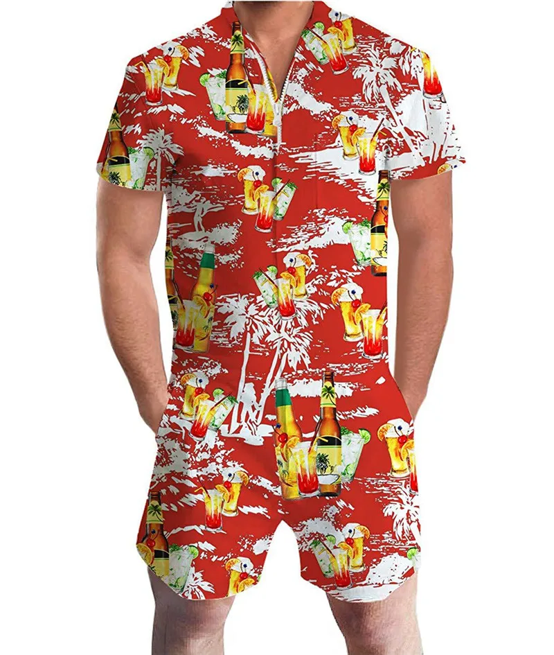 Men 3D Graphic One Piece Romper Men Casual Zipper Short Sleeve Summer Jumpsuit With Pocket Leopard Print Summer Beach Set