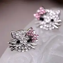 FAMSHIN Lovely Silver Plated Small Cute Hello Kitty Earrings For Girls Charm Crystal Turkish Jewelry Brincos Children Earings