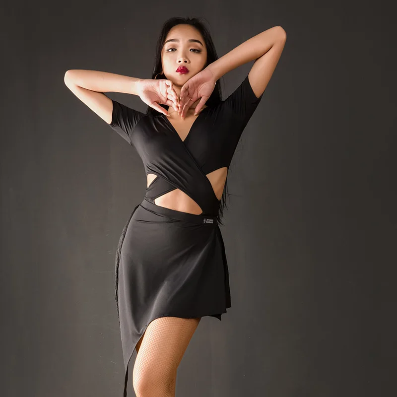 Юбка для латинских танцев женская черная с коротким рукавом топы для латинских танцев латинский танцевальный зал для самбы ча Румба одежды