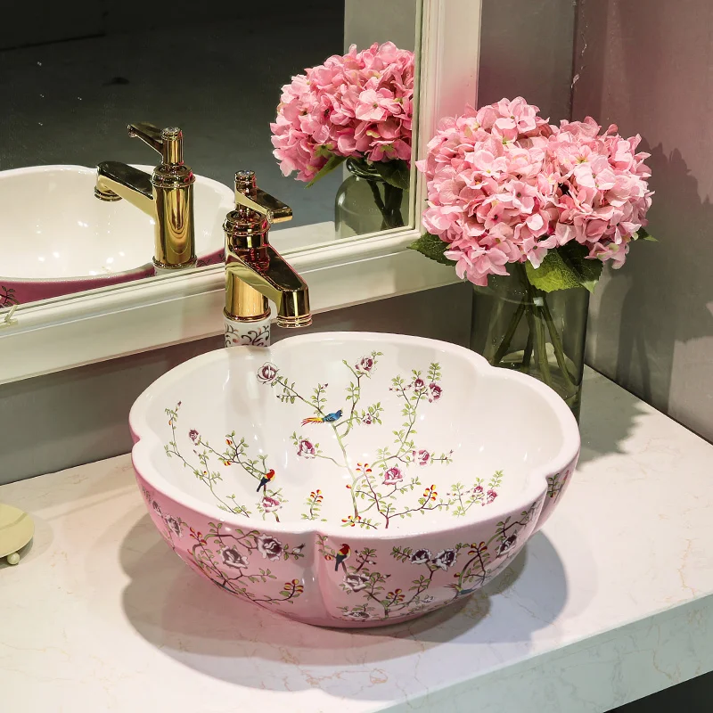 Us 277 0 China Flower And Bird Pink With White Painting Art Bathroom Vessel Sinks Round Counter Top Wash Basin In Bathroom Sinks From Home