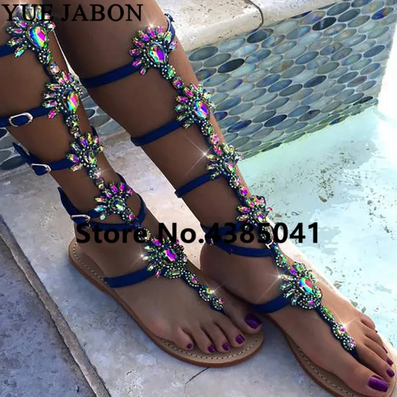 

Plus Size 43 2019 New Summer Flats Sandal Gladiator Gold Blue Crystal Knee High Buckle Strap Woman Boots Bohemia Style Shoes