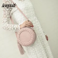 Frauen messenger bags Weben Quaste Runde umhängetasche Candy farbe frauen Crossbody Taschen Nette Rolle Leder Handtaschen Umhängetaschen